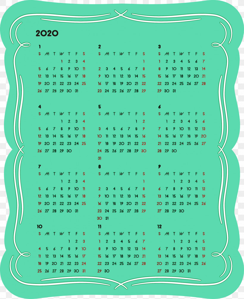 Green Teal Rectangle Pattern Square, PNG, 2452x3000px, 2020 Calendar, 2020 Yearly Calendar, Green, Paint, Printable 2020 Yearly Calendar Download Free