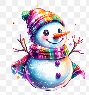 Christmas Snowman - Colorful Snowman With Scarf And Hat PNG