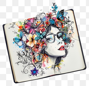 Copybook - Woman With Floral Hair And Butterflies PNG