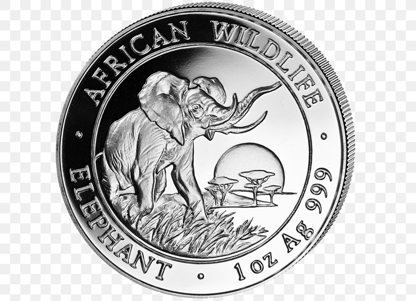 Somalia African Elephant Silver Coin Elephantidae, PNG, 600x593px, Somalia, Africa, African Elephant, Black And White, Bullion Download Free