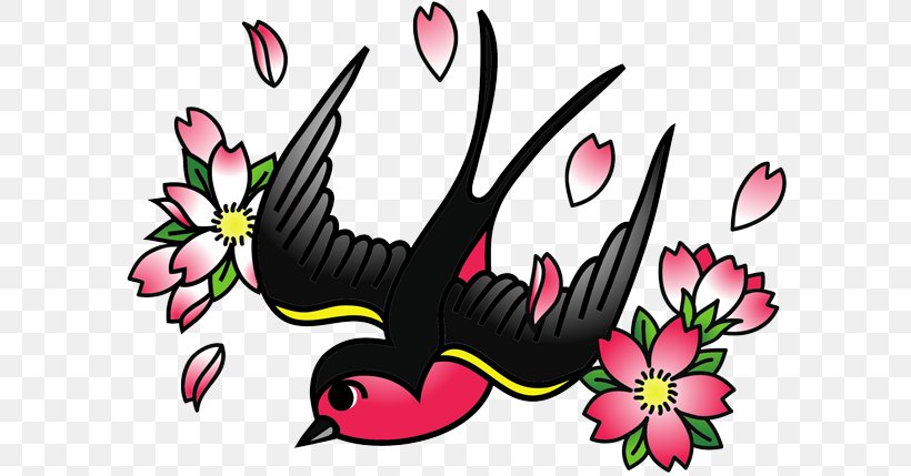 Cherry Blossom Old School (tattoo) Swallow Tattoo, PNG, 600x429px, Cherry Blossom, Art, Artwork, Beak, Blossom Download Free