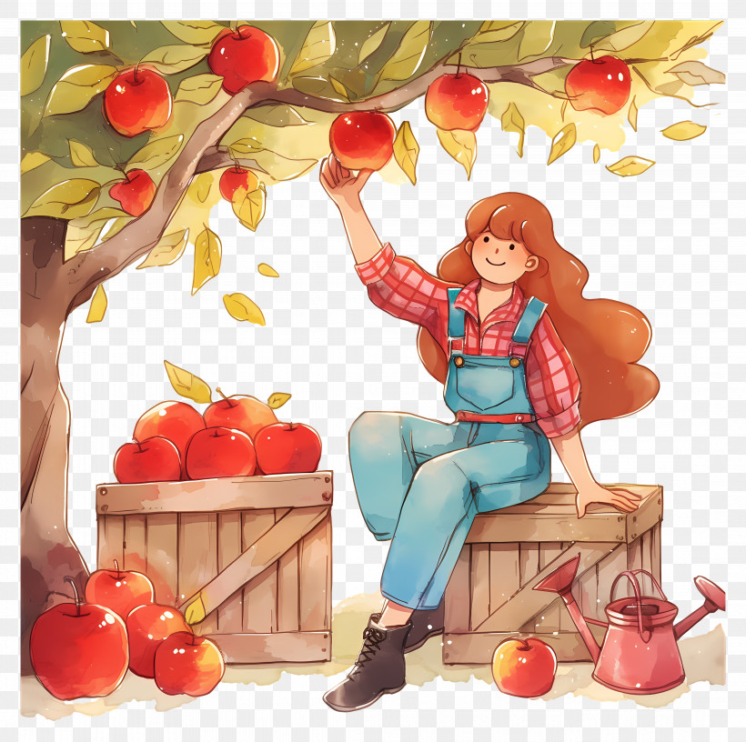 Woman Picking Apples - Apple Harvest Illustration With Farmer PNG