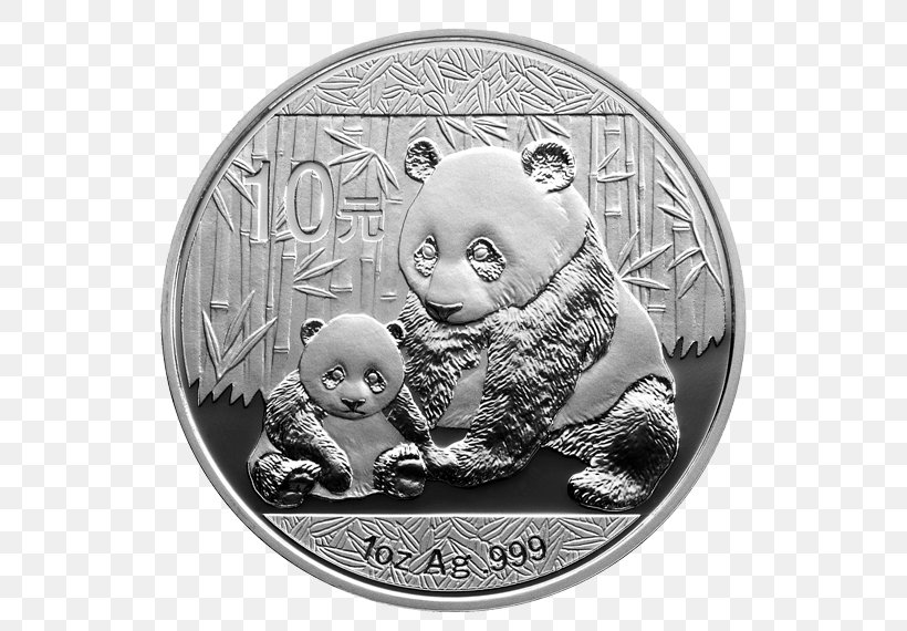 Giant Panda China Chinese Silver Panda Silver Coin, PNG, 570x570px, Giant Panda, Black And White, Bullion Coin, China, Chinese Gold Panda Download Free