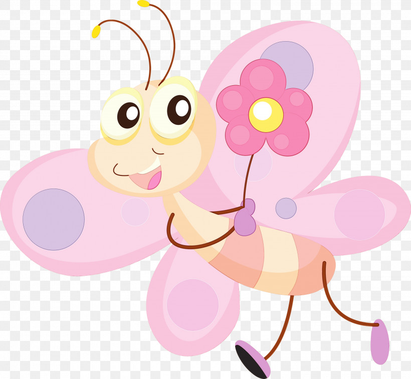 Cartoon Pink Butterfly Insect Pollinator, PNG, 3000x2766px, Watercolor, Butterfly, Cartoon, Insect, Paint Download Free