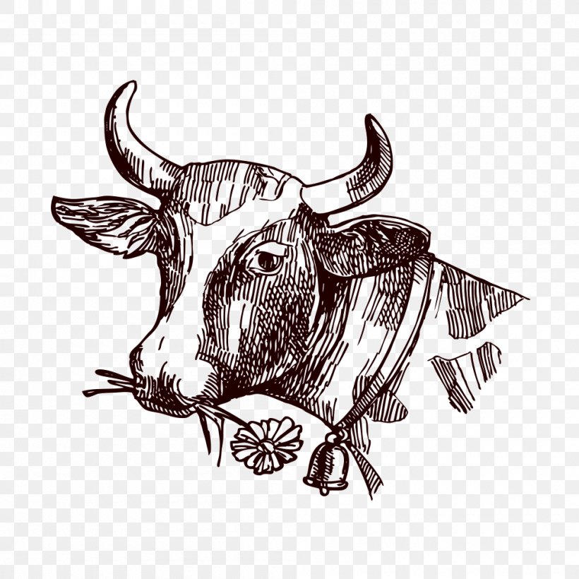Texas Longhorn Milk Drawing Sketch, PNG, 1000x1000px, Cattle, Art, Black And White, Bull, Cartoon Download Free
