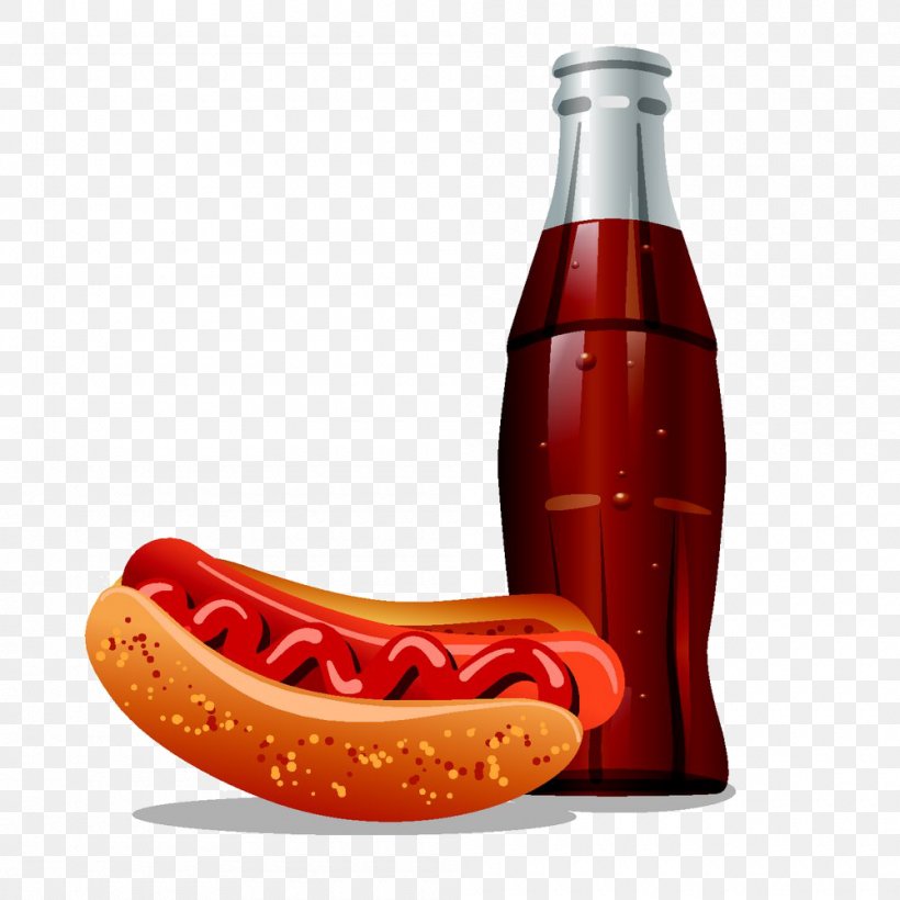 Hot Dog Cola Fast Food Illustration, PNG, 1000x1000px, Hot Dog, Bottle, Cola, Condiment, Fast Food Download Free