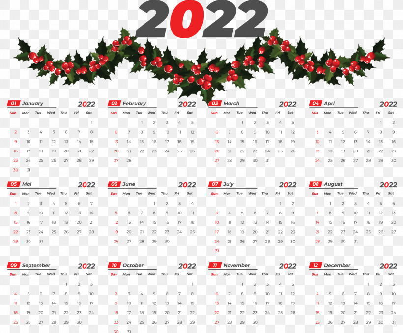 2022 Yeary Calendar 2022 Calendar, PNG, 3000x2479px, Garland, Bauble, Christmas Day, Decoration, Holiday Download Free