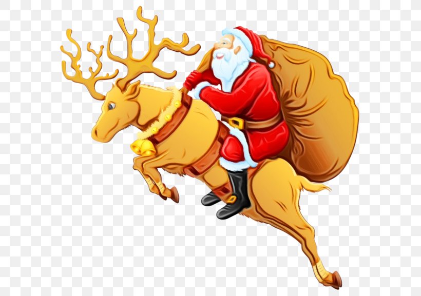 Santa Claus, PNG, 600x577px, Watercolor, Bull, Deer, Paint, Reindeer Download Free