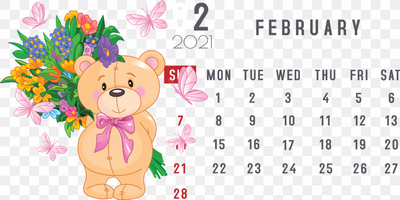 February 2021 Printable Calendar February Calendar 2021 Calendar, PNG, 2999x1502px, 2021 Calendar, Bears, Doll, Floral Design, Flower Download Free
