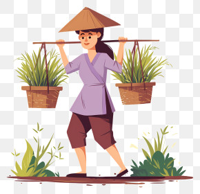 Vietnamese Woman Carrying Baskets - Woman Carrying Baskets Of Plants PNG
