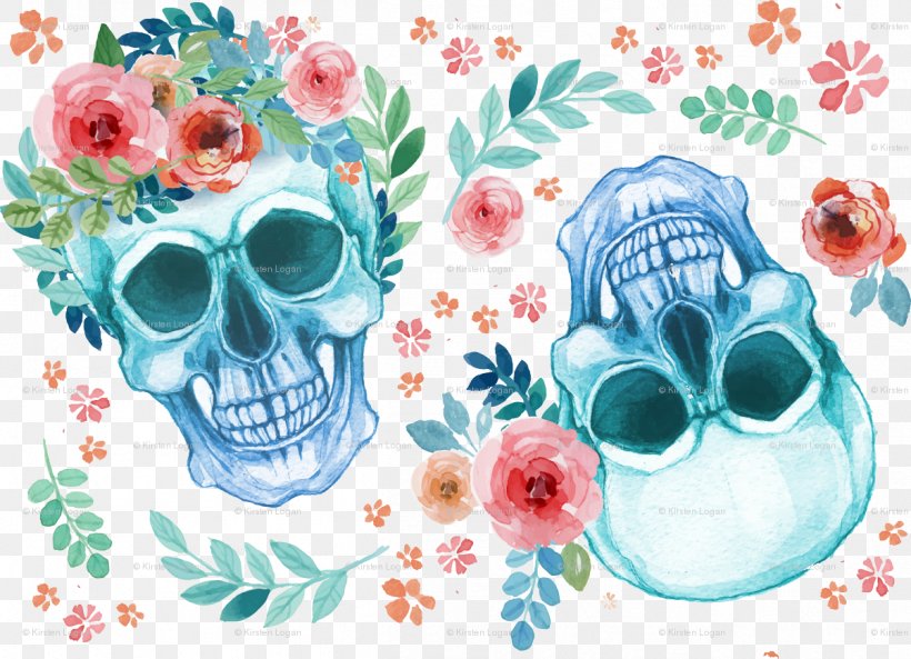 Watercolor Painting Calavera Skull Floral Design Drawing, PNG, 1203x870px, Watercolor Painting, Art, Bone, Calavera, Day Of The Dead Download Free