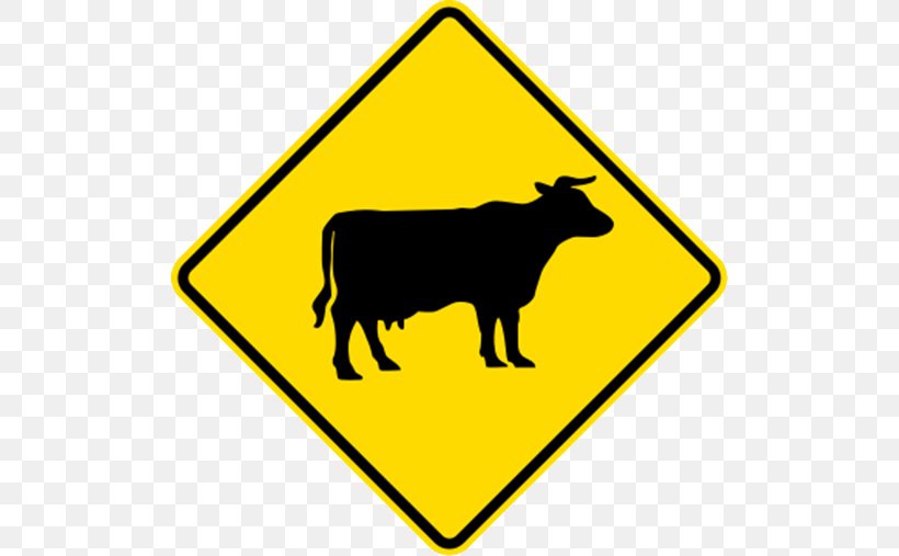 Cattle Traffic Sign Road Transport Warning Sign, PNG, 508x507px, Cattle, Area, Black And White, Cattle Like Mammal, Grass Download Free