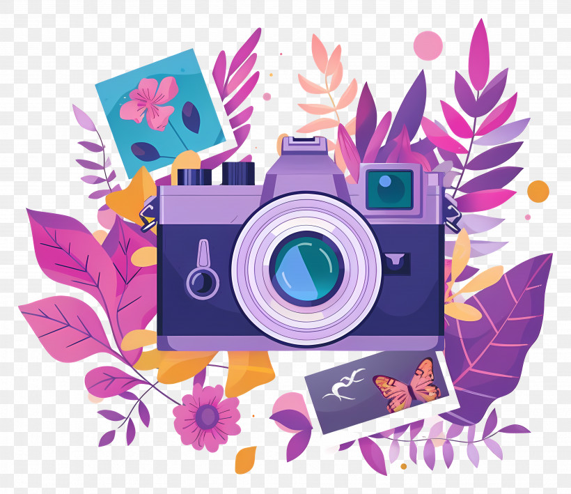 Cartoon Camera - Camera Surrounded By Nature Elements And Art PNG
