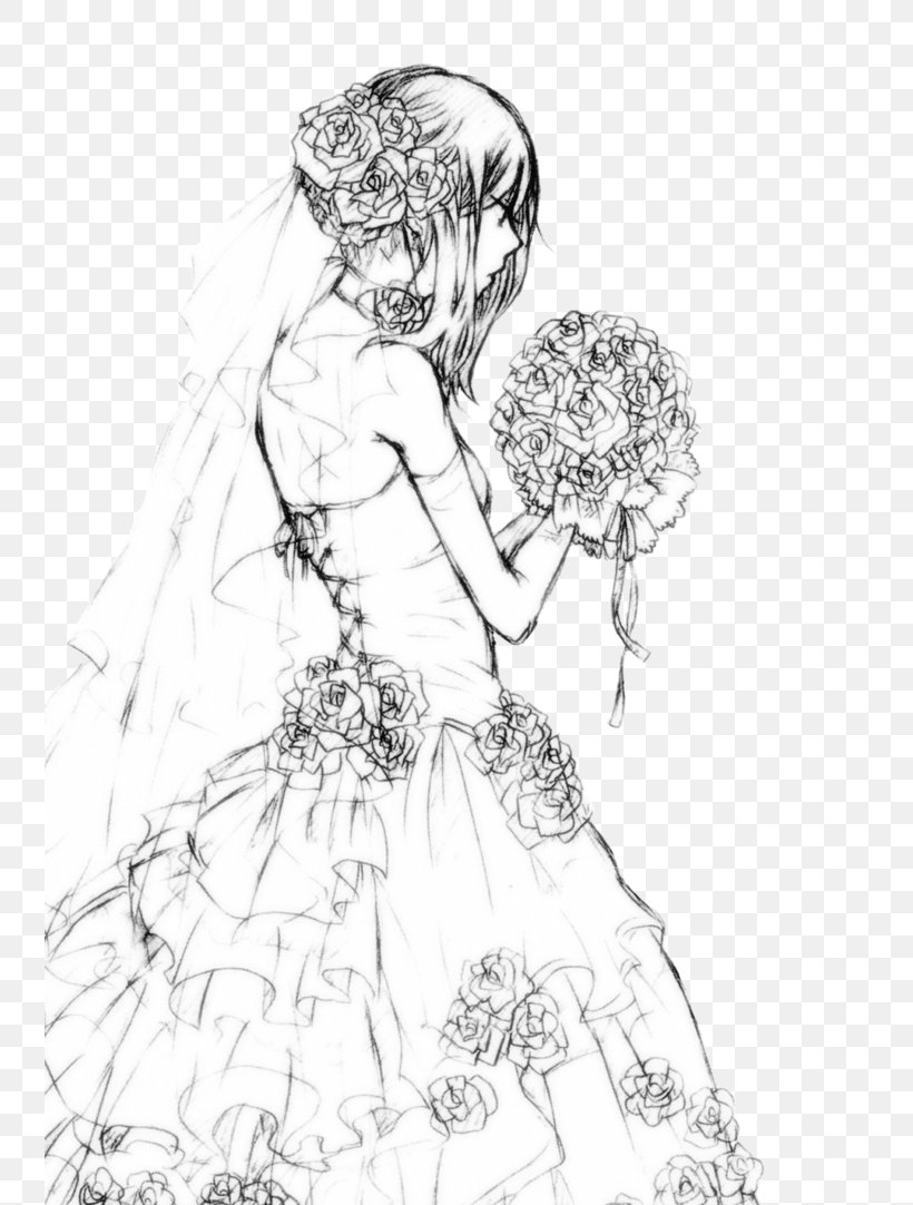 Drawing Bride Wedding Dress Sketch, PNG, 739x1082px, Drawing, Arm, Art, Artwork, Black And White Download Free