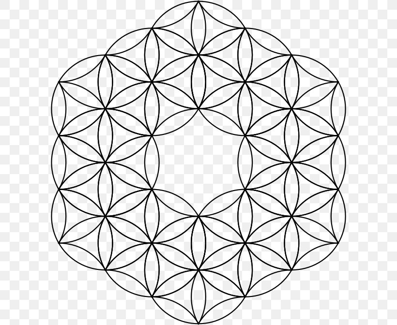 Overlapping Circles Grid Sacred Geometry Symbol Metatron's Cube, PNG, 610x672px, Overlapping Circles Grid, Area, Art, Black And White, Flower Download Free