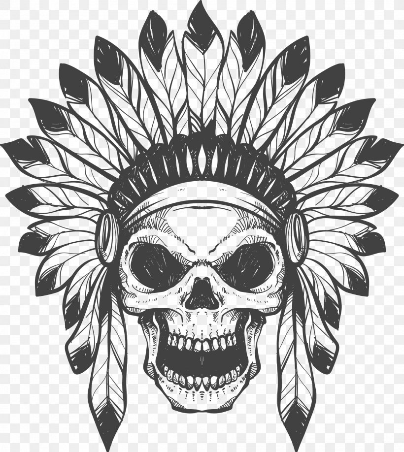 T-shirt Skull War Bonnet Feather Native Americans In The United States, PNG, 1914x2143px, Tshirt, Black And White, Bone, Clothing, Feather Download Free