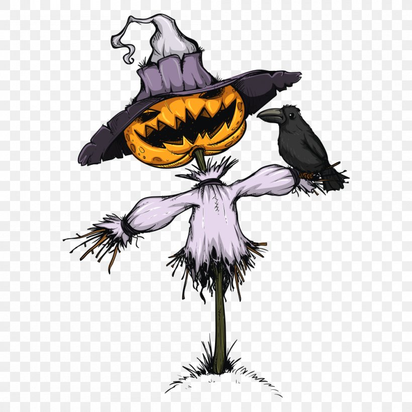 Jack-o-lantern Scarecrow Cartoon Illustration, PNG, 1000x1000px, Jackolantern, Art, Bird, Cartoon, Comics Download Free