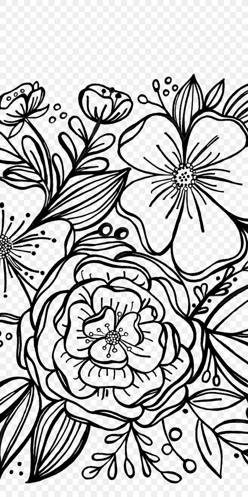 Floral Design Illustration Drawing Clip Art, PNG, 1000x2000px, Floral Design, Art, Blackandwhite, Botany, Coloring Book Download Free