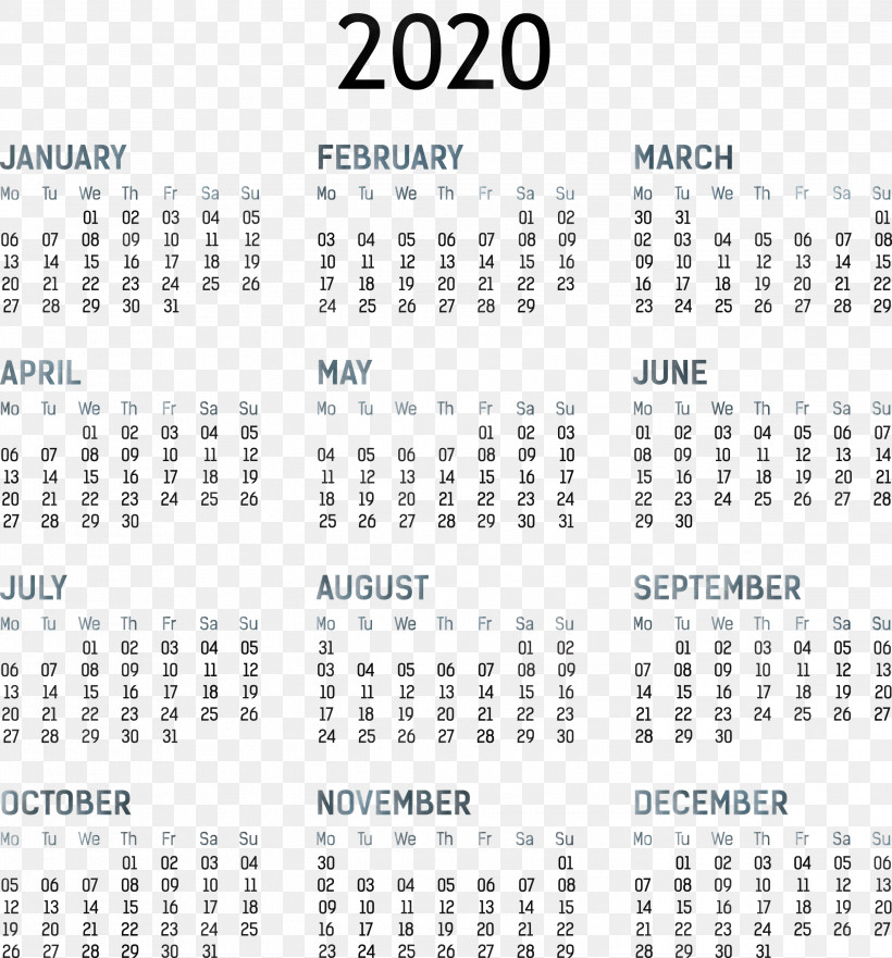 2020 Yearly Calendar Printable 2020 Yearly Calendar Template Full Year Calendar 2020, PNG, 2791x3000px, 2020 Yearly Calendar, Annual Calendar, Broadcast Calendar, Calendar Date, Calendar System Download Free