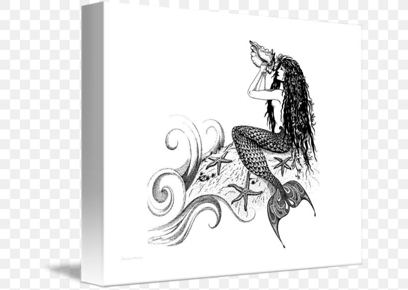 Drawing Paper Mermaid Conch, PNG, 650x583px, Drawing, Art, Black And White, Conch, Fictional Character Download Free
