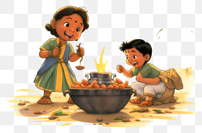 Cartoon Image - Children Cooking Outdoors PNG