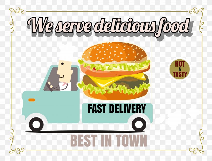 Take-out Hamburger Fast Food Delivery, PNG, 5110x3875px, Take Out, Advertising, Area, Banner, Brand Download Free