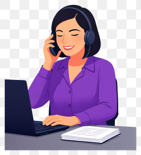 Customer Help Center - Woman Working On Laptop And Phone PNG