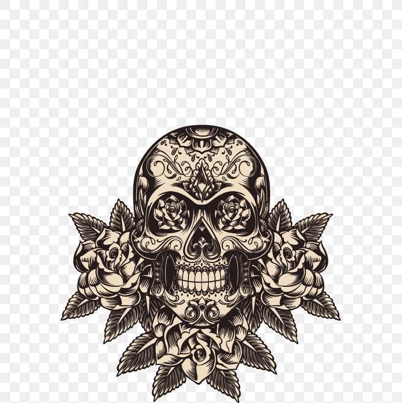 Calavera Day Of The Dead Skull Tattoo Illustration, PNG, 571x822px, Calavera, Art, Black And White, Bone, Day Of The Dead Download Free