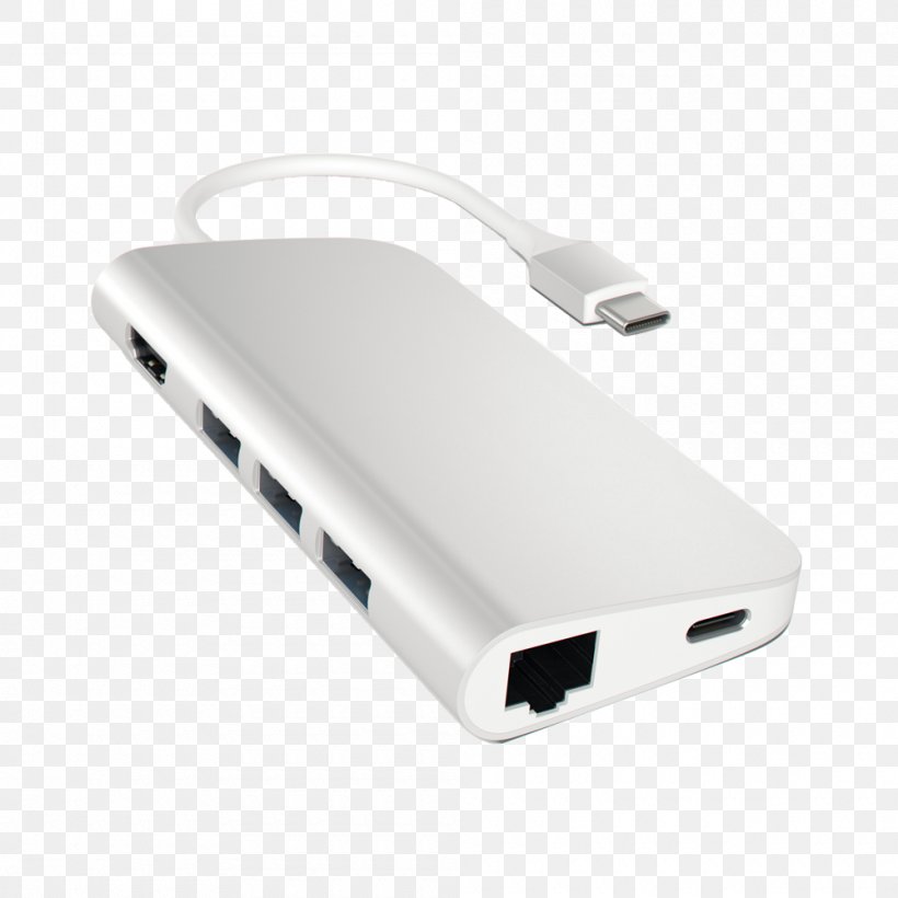 Apple MacBook Pro Satechi Aluminum Multi-Port Adapter 4K HDMI 30Hz Type-C Pass Through Ethernet SD Micro Card Reader And 3 USB 3.0 Ports USB-C Satechi Aluminum Multiport Adapter V2 With 4k HDMI 30hz Gigabit Ether, PNG, 1000x1000px, Apple Macbook Pro, Adapter, Cable, Computer Port, Electronic Device Download Free