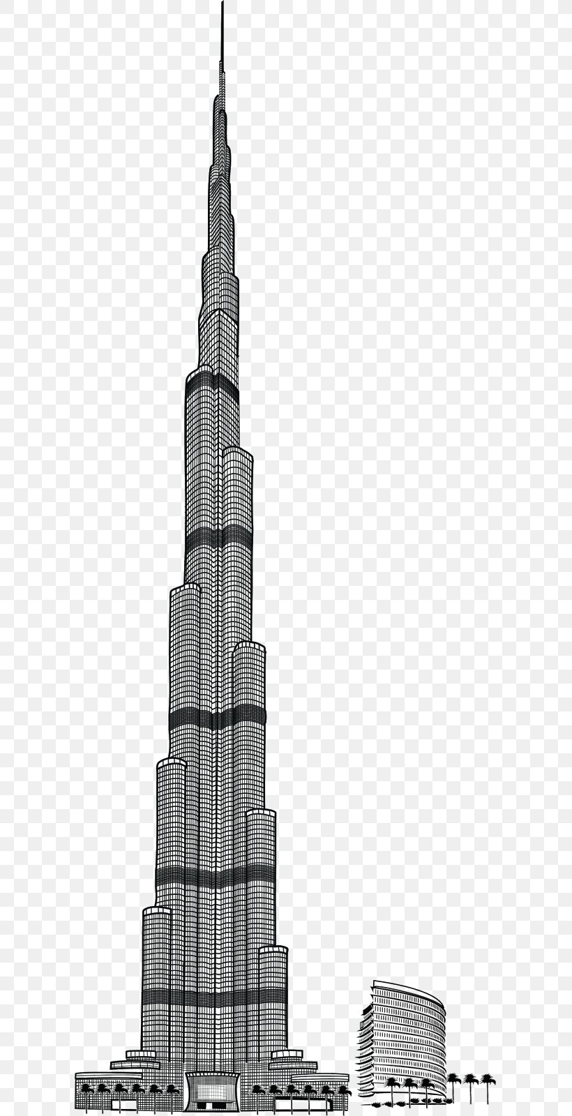 Burj Khalifa Drawing, PNG, 605x1600px, Burj Khalifa, Architecture, Black And White, Building, Drawing Download Free