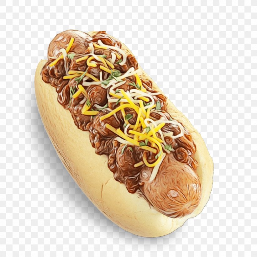 Food Fast Food Dish Sausage Bun Cuisine, PNG, 1000x1000px, Watercolor, Chili Dog, Cuisine, Dish, Fast Food Download Free