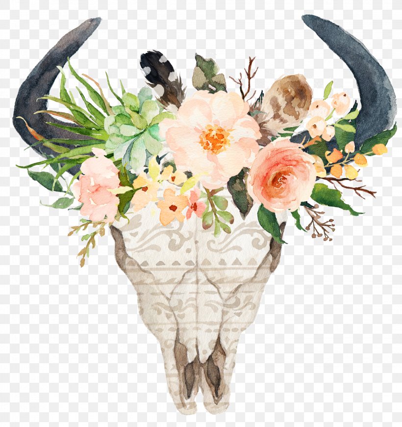 Cattle Flower Skull Horn T-shirt, PNG, 2246x2385px, Cattle, Art, Bull, Clothing, Cut Flowers Download Free