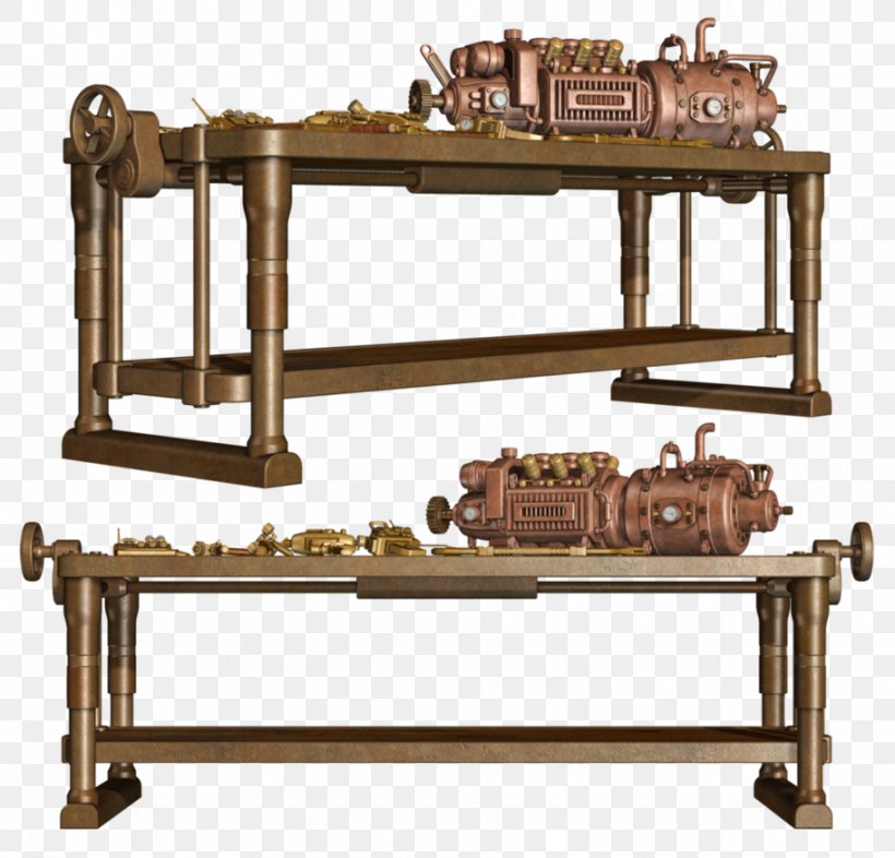Table Industrial Revolution Steampunk Workbench Steam Engine, PNG, 912x875px, Table, Art, Bench, Cyberpunk, Electric Motor Download Free