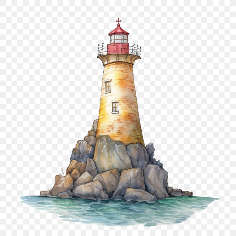 Watercolor Lighthouse - Coastal Lighthouse On Rocky Island PNG