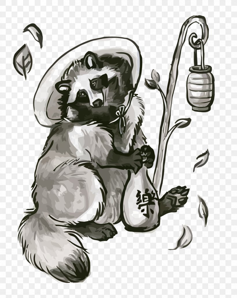Japanese Raccoon Dog Visual Arts Drawing Ink Wash Painting, PNG, 1192x1500px, Japanese Raccoon Dog, Art, Black And White, Drawing, Fictional Character Download Free