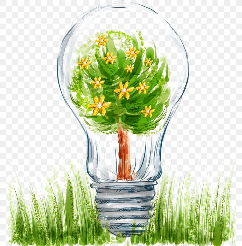 Incandescent Light Bulb Green Energy Conservation Illustration, PNG, 777x836px, Light, Compact Fluorescent Lamp, Energy Conservation, Flowerpot, Grass Download Free