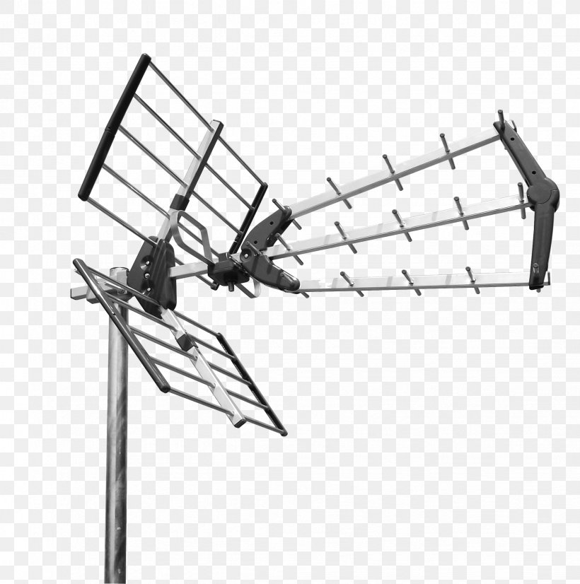 Television Antenna Ultra High Frequency Telecommunication, PNG, 2452x2472px, Antenna, Black And White, Cable Television, Digital Terrestrial Television, Electronics Accessory Download Free