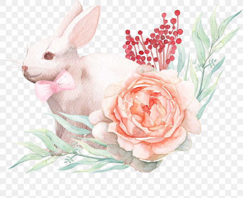 Easter Bunny Paper Watercolor Painting Rabbit, PNG, 2553x2078px, Easter Bunny, Drawing, Easter, Floral Design, Flower Download Free