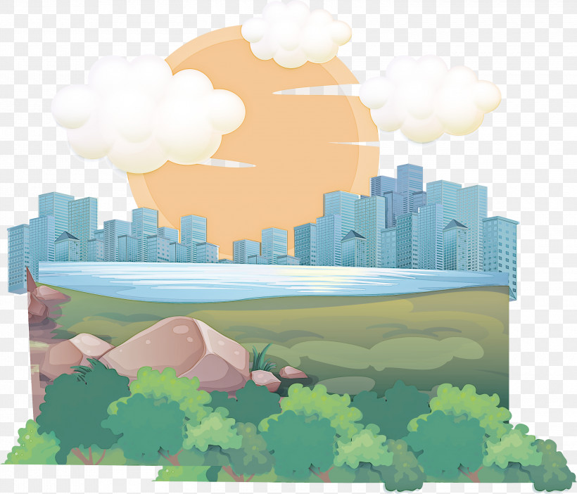 Green Cloud Sky Cartoon Cumulus, PNG, 3000x2570px, Green, Cartoon, City, Cloud, Cumulus Download Free