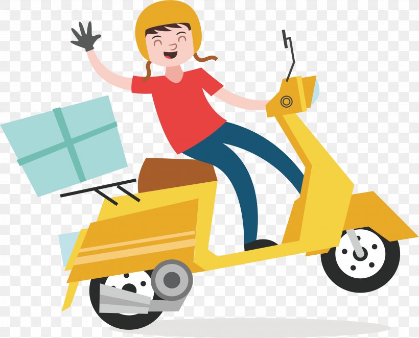 Delivery Euclidean Vector Courier Scooter, PNG, 3600x2908px, Delivery, Cartoon, Courier, Delivery Driver, Food Download Free