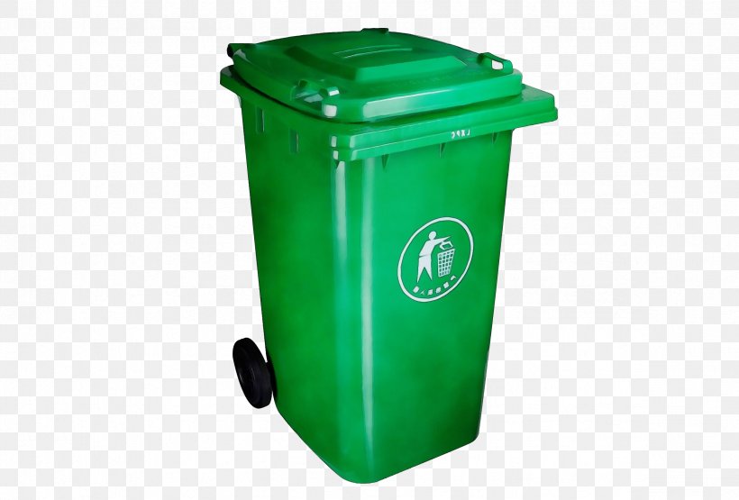 Green Recycling Bin Waste Container Waste Containment Plastic, PNG, 2352x1592px, Watercolor, Green, Household Supply, Lid, Paint Download Free