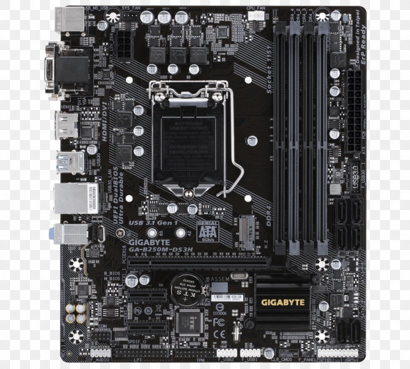 Intel LGA 1151 MicroATX GIGABYTE GA-B250M-DS3H DDR4 SDRAM, PNG, 1000x900px, Intel, Atx, Computer Accessory, Computer Component, Computer Hardware Download Free