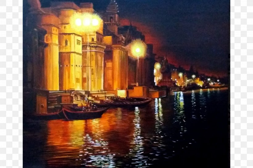 Ghats In Varanasi Painting Water Transportation, PNG, 2916x1944px, Varanasi, Acrylic Paint, Artist, Canvas, Evening Download Free