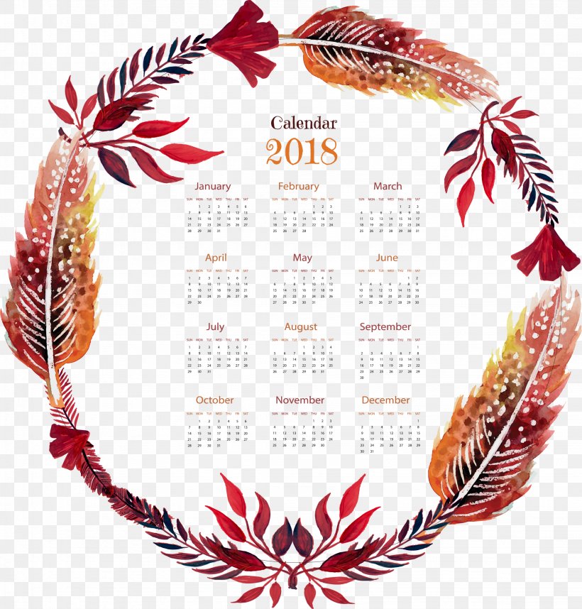 Red Watercolor Feather Calendar Template, PNG, 2251x2358px, Watercolor Painting, Calendar, Drawing, Feather, Ink Download Free