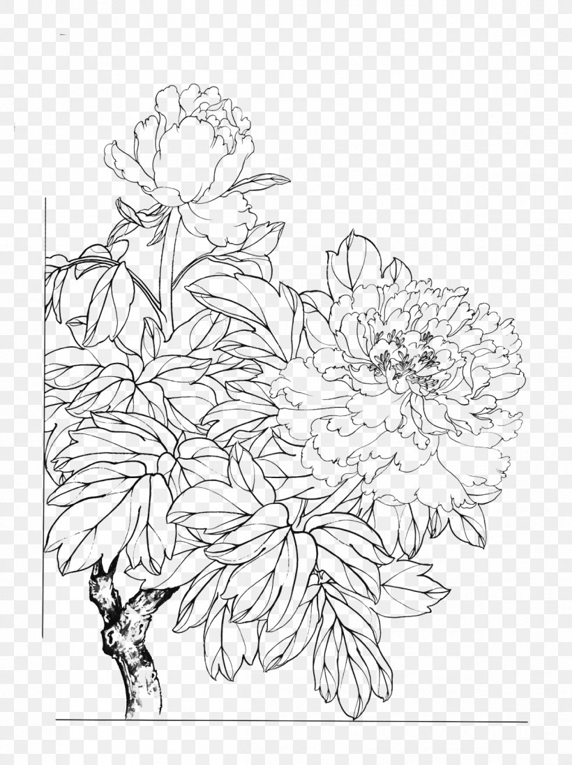 Moutan Peony Line Art, PNG, 1196x1600px, Peony, Area, Artwork, Black, Black And White Download Free