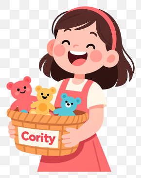 Girl Holding Basket Of Colorful Teddy Bears PNG
