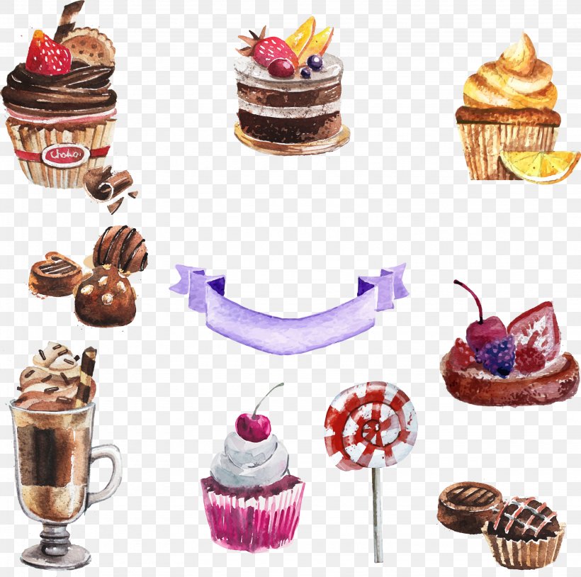 Cupcake Torte Dessert Watercolor Painting, PNG, 3070x3050px, Cupcake, Baking, Buttercream, Cake, Candy Download Free