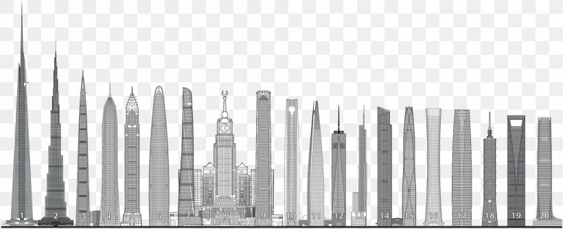 Burj Khalifa One World Trade Center Jeddah Tower Building Skyscraper, PNG, 2000x816px, Burj Khalifa, Architect, Architectural Engineering, Architecture, Black And White Download Free