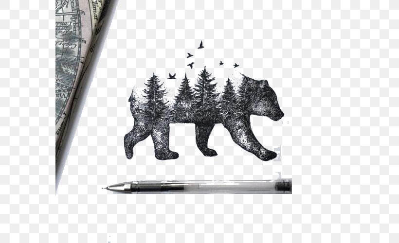 Bear Drawing Tattoo Idea Sketch, PNG, 591x500px, Watercolor, Cartoon, Flower, Frame, Heart Download Free