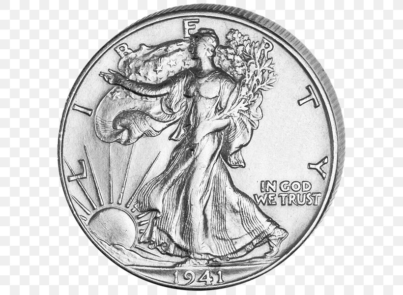 Coin Walking Liberty Half Dollar United States Mint, PNG, 600x600px, Coin, Art, Black And White, Cent, Character Download Free